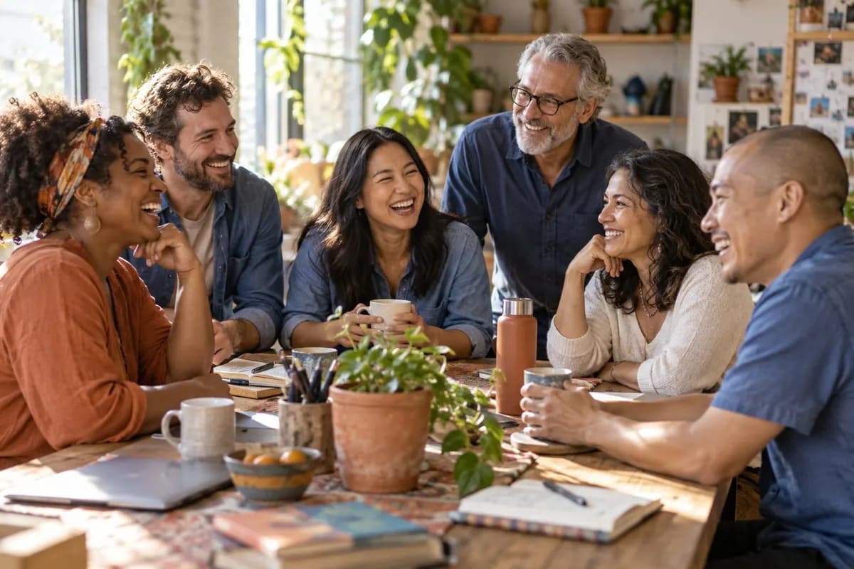 Community members laughing and sharing a conversation around a table